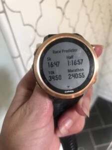 Garmin watch displaying race predictor