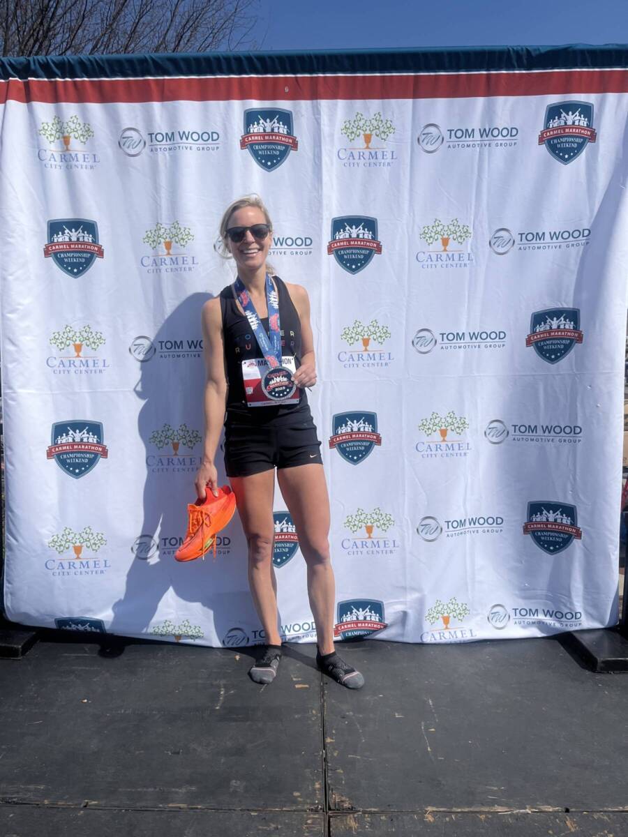 Whitney Heins at carmel marathon finish