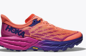 Hoka speedboat in peach and purple